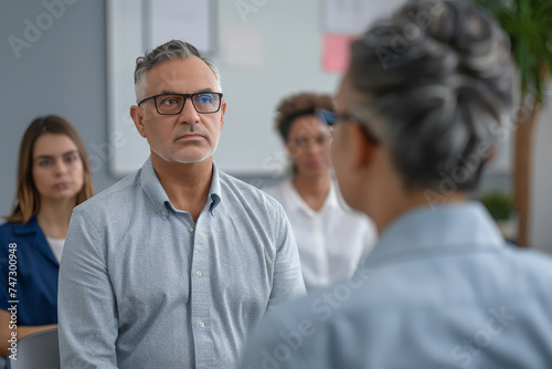 Man With Glasses Talking to Group of People