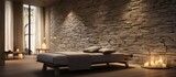 A bedroom featuring a contemporary design with a prominent stone wall and a comfortable bed as the centerpieces. The room exudes a sense of modernity and relaxation.
