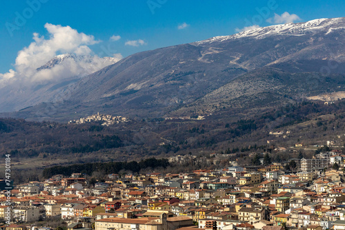 Celano, Italy A panormaic view of the city against the mountains. photo