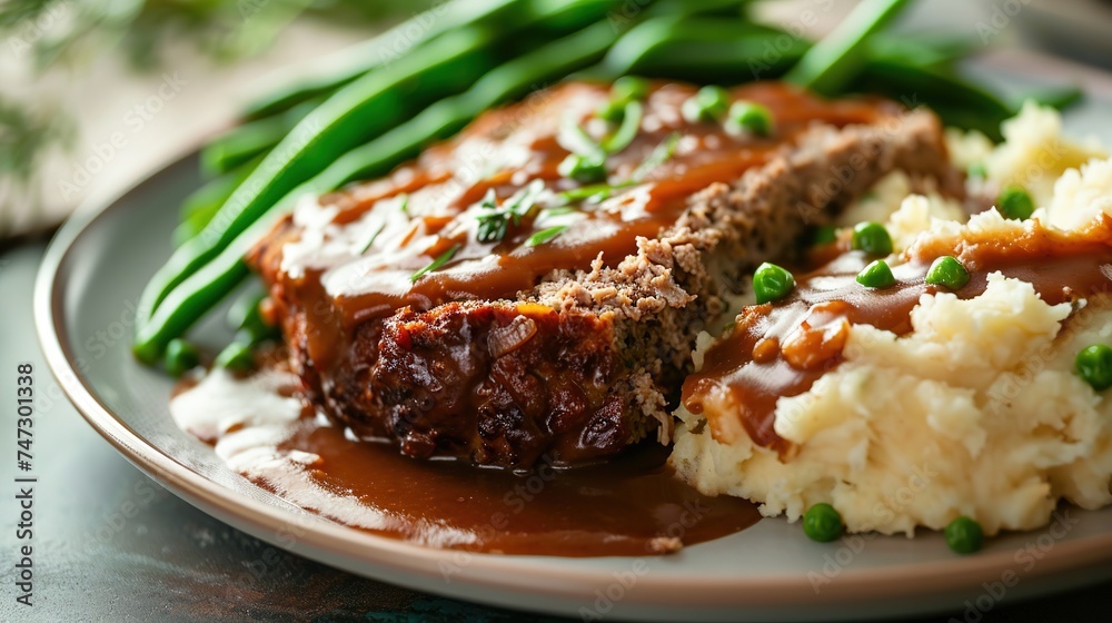 A delicious homemade meal with juicy meatloaf drenched in spicy gravy. Serve with creamy mashed potatoes and green beans.