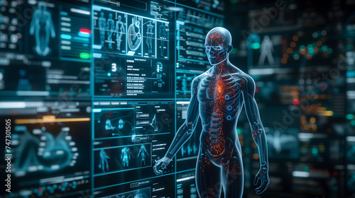 3D rendering of Digital Technology and Human Anatomy, Body, Heart, lungs, kidney, brain, Science Elements in a Blue Futuristic Environment photo