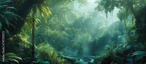 A dense jungle full of various trees and plants is depicted. The vibrant greenery creates a rich and diverse ecosystem  with a variety of textures and shapes adding depth to the composition.