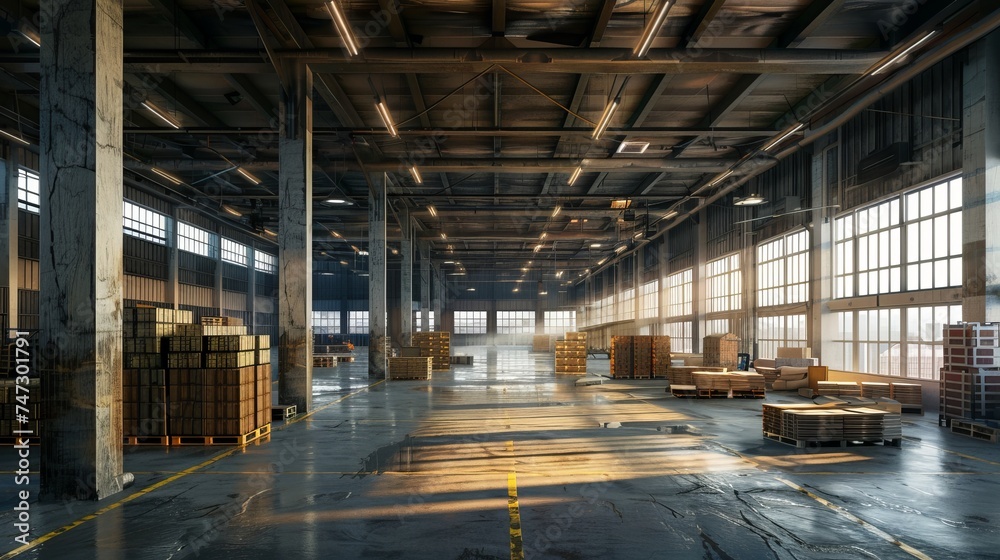 Warehouse interior with stacked pallets: industrial storage facility with rows of goods, logistics concept