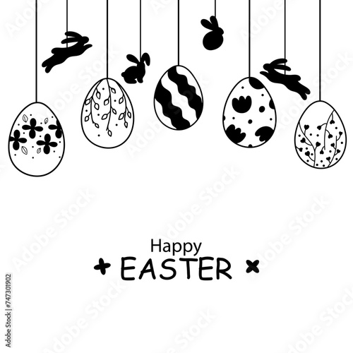 Easter card with garland of vintage Easter eggs and bunnies on white background with place for your text. Garland with silhouettes of vintage eggs suspended on strings with bunnies.