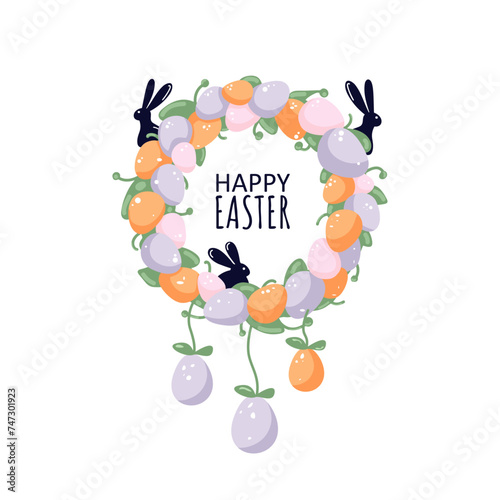 Easter wreath in the style of dream catcher  with Easter colored eggs in pink, purple and orange. Easter Decoration wreath with bunnie's silhouett isolated on white background. 