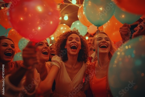 Group of Women Laughing and Holding Balloons