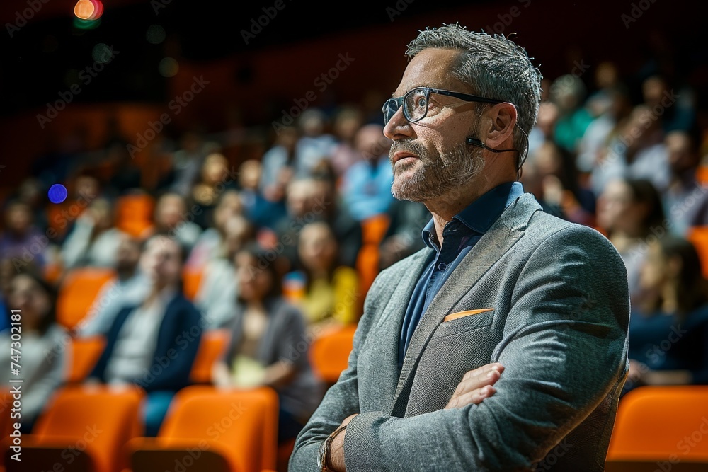 Fototapeta premium Man in Suit and Glasses Addressing Audience