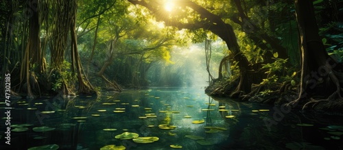 The suns rays are filtering through the dense foliage of trees, casting long shadows across the rippling water. The scene captures a tranquil moment in nature as the sunlight creates a beautiful play