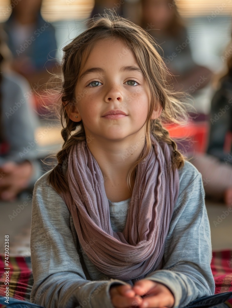 Little Girl Sitting on Floor With Scarf