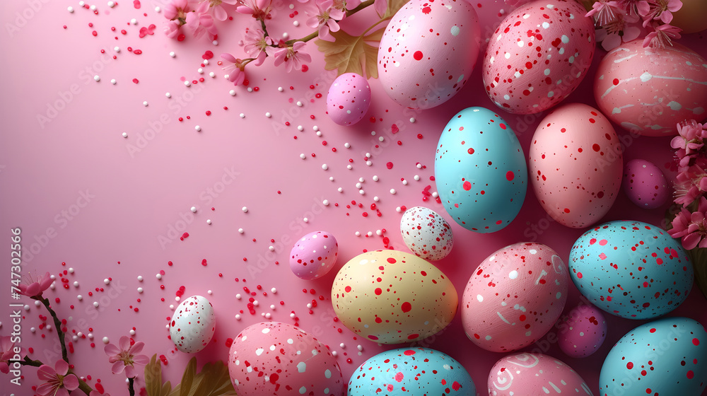 Flat lay frame with colored Easter eggs on a pink background. Happy Easter concept banner with copy space. Top view design for spring  template, card, poster, ads.
