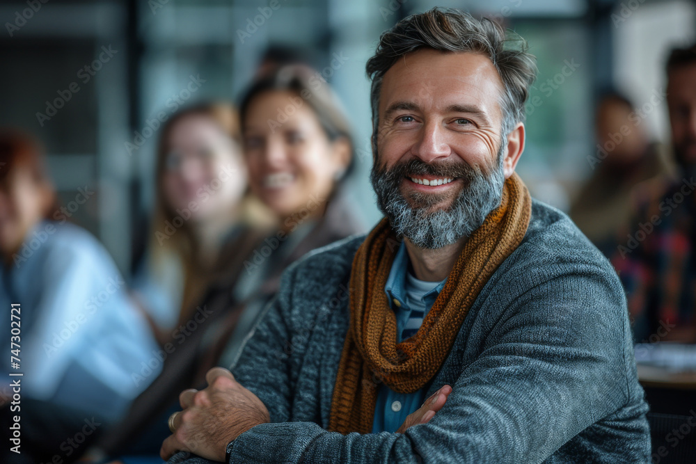 Smiling Man With Arms Crossed in Front of Group of People