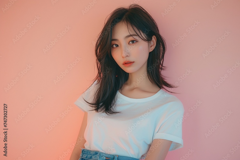 Chic Korean Beauty Sporting 90s Vibe: Mid-Length Straight Black Hair, White T-shirt, Jeans, Plain Background Chic Korean Beauty Sporting 90s Vibe: Mid-Length Straight Black Hair, White T-shirt, Jeans, Plain Background