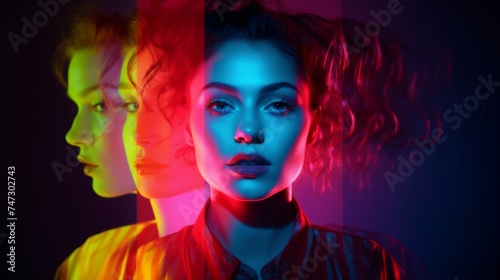 a collage of a young woman's close-up portraits with surreal neon lighting. The scene should have a central image in sharp focus, flanked by mirrored reflections in red and blue hues