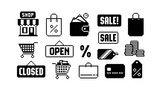 Simple Pixel shopping and money icon set - vector template. Pixel shop or store icon. Open and Closed vintage pixel sign. Marketplace pixel art signs icons collection. Retro 8-bit computer game assets