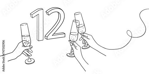 Continuous line champagne cheers one line art, number 12 with glasses continuous drawing contour. Cheers toast festive decoration for holidays. Vector illustration	