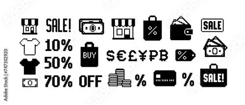 Shopping and money Pixel icon set vector template. Pixel shop or store icon. World Currency vintage pixel icons. Shop discount signs and icons. Retro 8-bit computer game assets