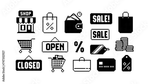 Simple Pixel shopping and money icon set - vector template. Pixel shop or store icon. Open and Closed vintage pixel sign. Marketplace pixel art signs icons collection. Retro 8-bit computer game assets photo