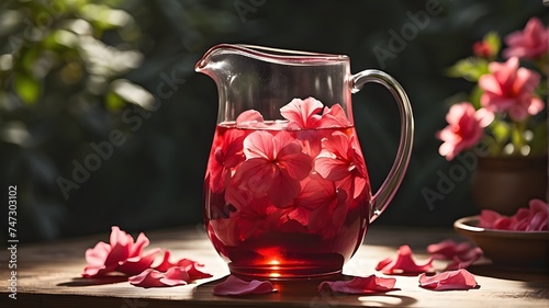A pitcher of iced hibiscus tea with floating petals under dappled sunlight photo