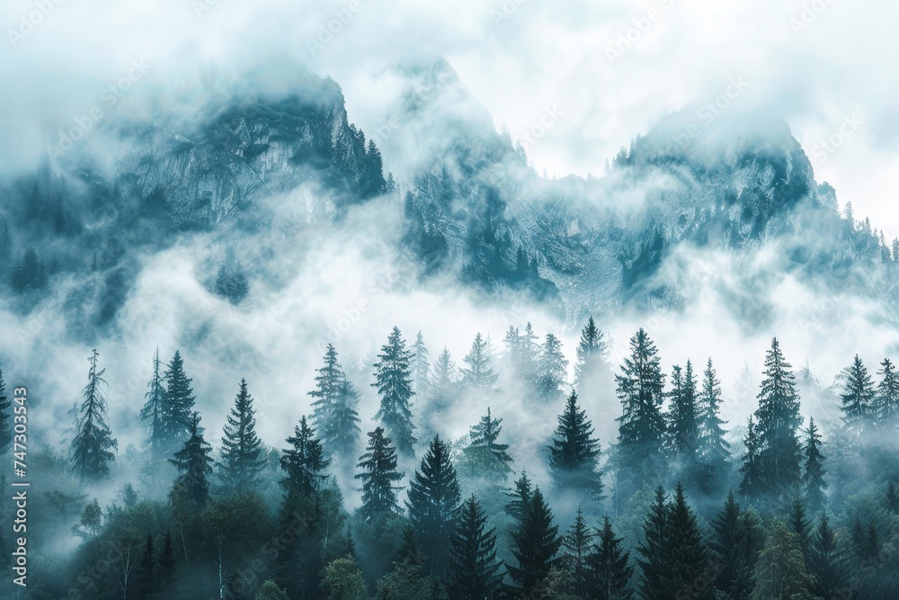 A serene winter landscape, with misty clouds hovering over a dense sprucefir forest and snow-capped mountains in the background