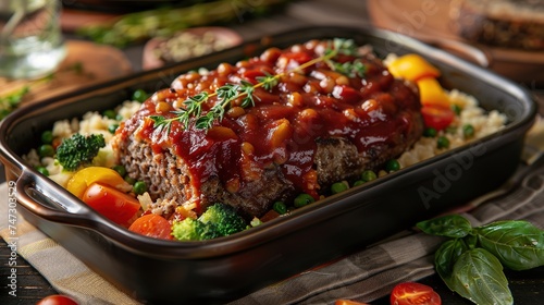 Homemade ground meatloaf with succulent tomato sauce and vegetables.
