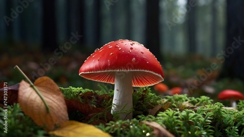 Magical View of Mushrooms in forest with dew