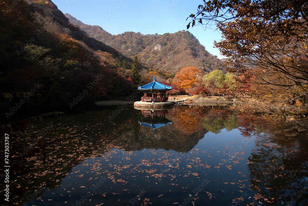 View of the traditional Korea pavilion on the autumn lake View of the traditional Korea pavilion on the autumn lake