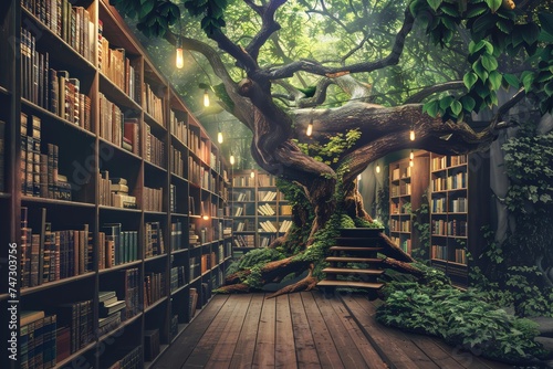 A majestic tree stands tall in an outdoor library, its branches adorned with shelves of books for readers to explore