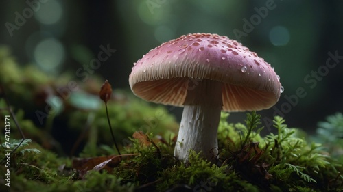 Magical View of Mushrooms in forest with dew