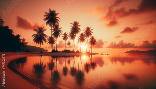 Sunset at Tropical Beach with Palm Silhouettes in Peach Tone