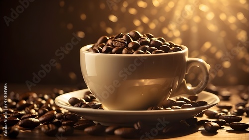 cup of coffee with beans, Cascading coffee beans surrounding an espresso cup in golden morning light
