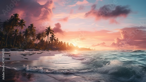View of a coastal tropical landscape from the surf line to sunset in orange-pink clouds over a palm beach