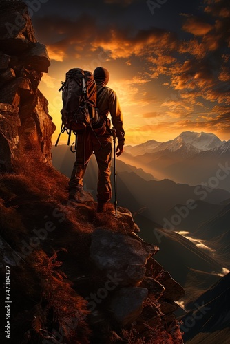 Vertical rear view of a climber standing on the edge of a cliff above a mountain valley and looking at bright sun in a cloudy sky