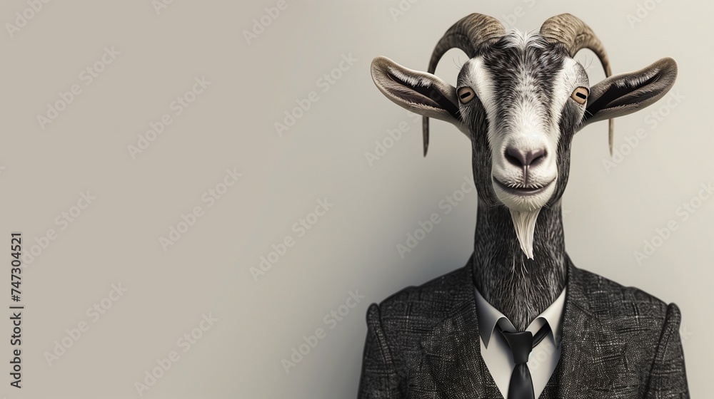 a goat wearing a suit with a tie on a plain white background on the left side of the image and the right side blank for text - obrazy, fototapety, plakaty 