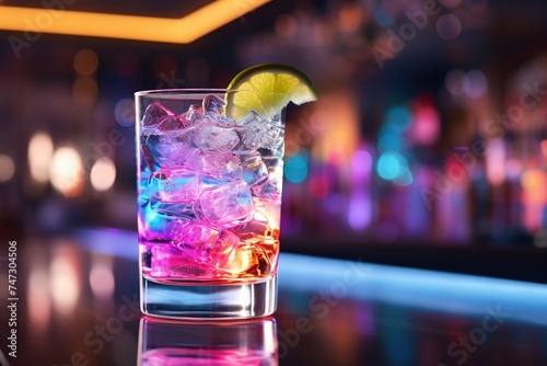 Old fashioned cocktail glass with a slice of lime and crushed ice on glowing pink and blue neon lights on a bar counter background