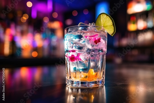 Highball glass with cocktail with a slice of lime and crushed ice on a glowing bar counter background photo