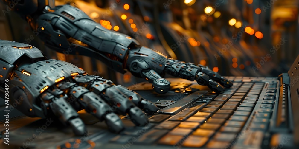 Robot hands using laptop keys in advanced technology concept scene photo. Concept Technology, Robotics, Advanced Concepts, Futuristic, Innovation