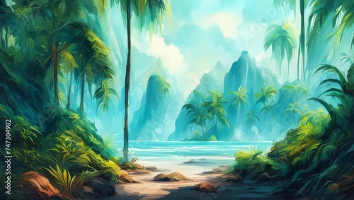 Illustration of a tropical landscape with mountains, palm trees and a lake. © Lednev