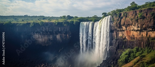 A very tall waterfall with lots of water rushing down its steep cliffs, creating a spectacular display of power and beauty. The waterfalls immense height and the volume of water cascading down form a