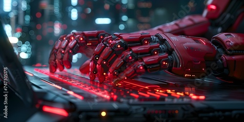 Robotic hands typing on laptop keyboard in futuristic technology concept scene photo. Concept Futuristic Technology, Robotic Hands, Laptop Keyboard, Concept Scene, Photo
