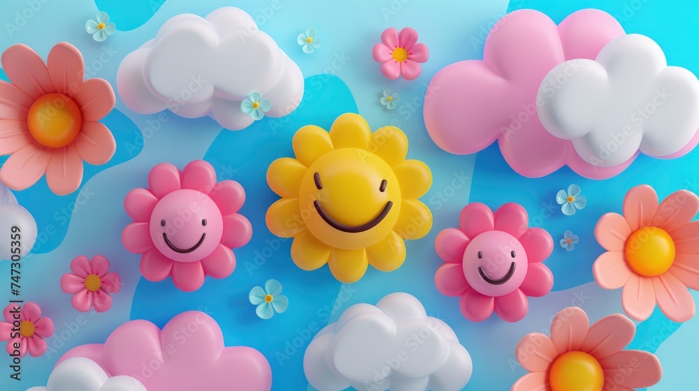 3D Retro Smiley Faces, Flowers, and Clouds Composition