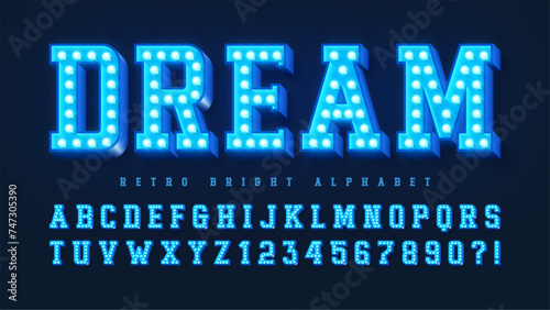 Retro cinema alphabet design, cabaret, warm lamps letters and numbers.