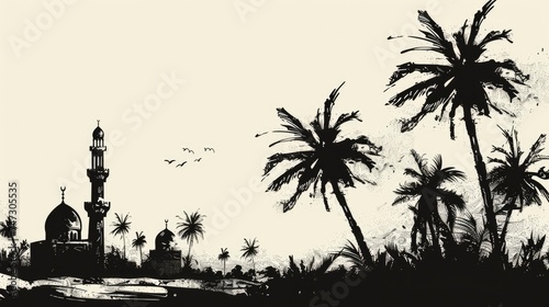 Black ink hand drawn palm tree and mosque. Eid ul Adha concept photo