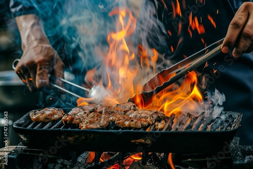 A person expertly grills a succulent meat over a fiery barbecue, surrounded by the crackling flames and smoky aroma of churrasco food
