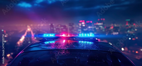 Police car lights  against a city background.