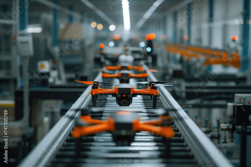 Fpv quadcopters on conveyor belt at a factory where they are produced suitable for military reconnaissance, surveillance operations, and automated warfare systems. High quality illustration