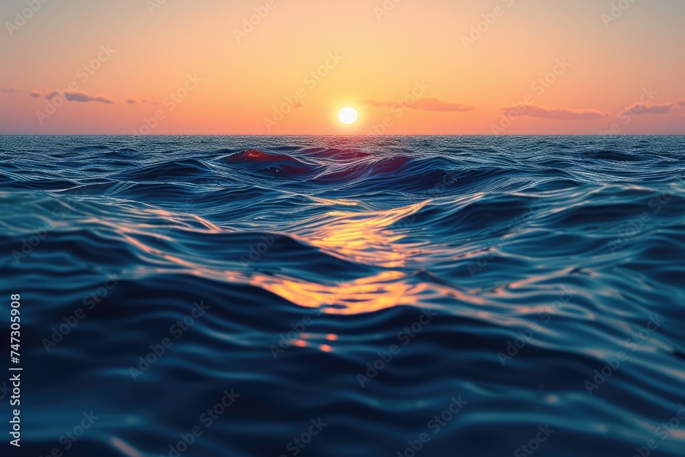 Sea at Sunset A Close-Up View of Smooth Water Textures Against a Quiet Background, Embodying Peace and Tranquility as Day Turns to Night Golden Hour Glory, Ocean Meets Soft Sunset Light Mindfulness - obrazy, fototapety, plakaty 