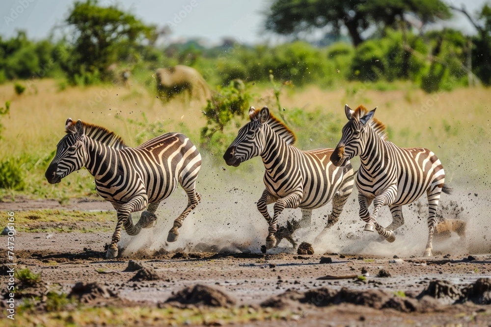 A magnificent herd of zebras gallops through the savanna, their black and white stripes blending with the grass and plants of the rugged terrain A magnificent herd of zebras gallops through the savanna, their black and white stripes blending with the grass and plants of the rugged terrain