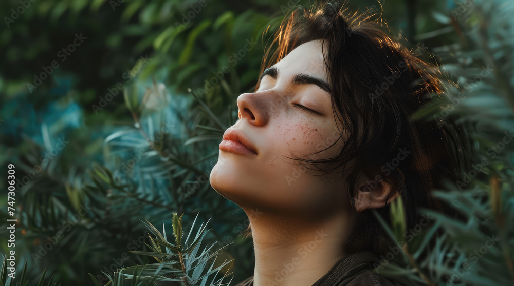A woman closes her eyes, meditating, relaxing. Concept of meditation, relaxation, yoga, zen, mindfullness, spirituality, self healing, wellbeing, wellness, praying