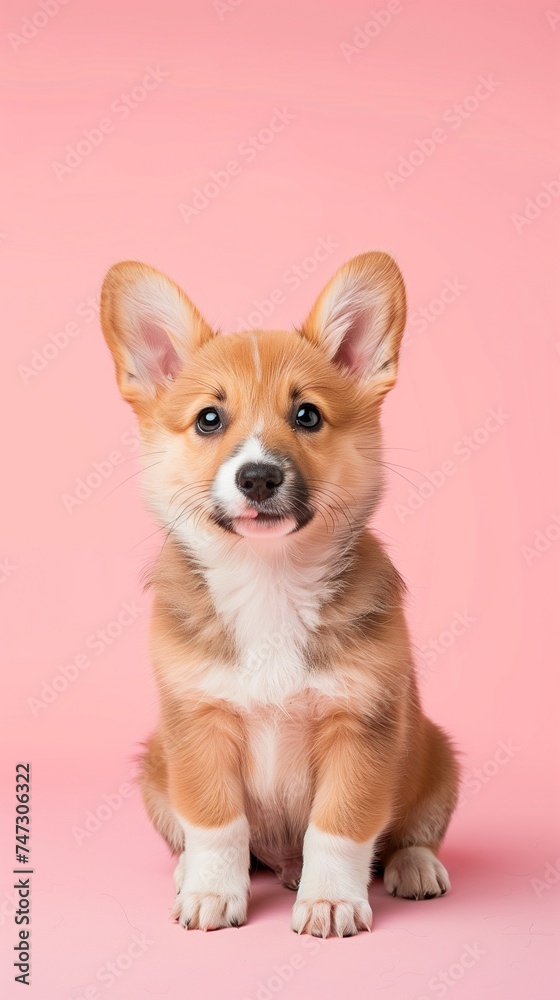 cute puppy dog sitting isolated on a pink and turquoise background
