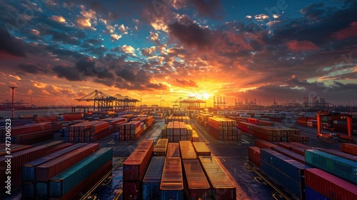Global Trade Hub, Dramatic Sunset Casts a Glow Over Industrial Shipping Container Yard, Symbolizing the Heart of International Logistics and Global Trade.